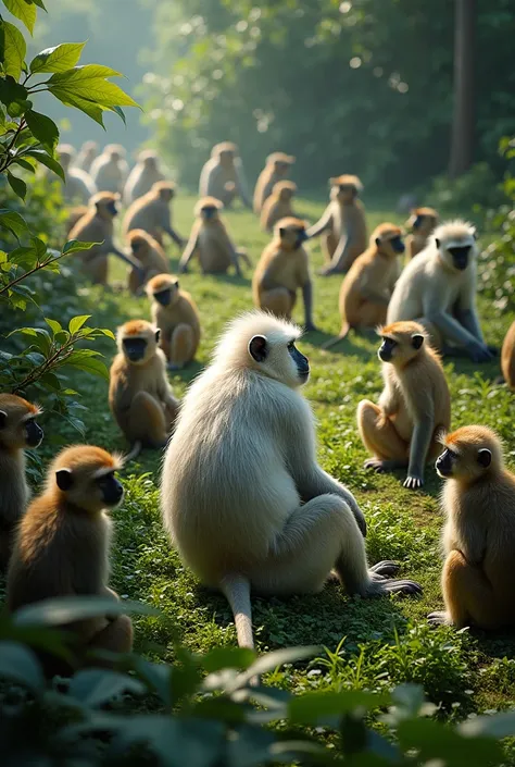 Create a vivid image of white monkey, sitting in between of many monkeys in the big garden, its big scale image, their back is on the camera side, faces are other side, image is taken from drone upside, many monkeys are watching here and there some are sit...