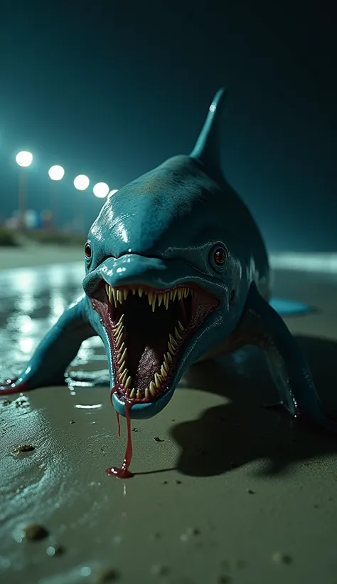 Close up front view, a demons mutant dolphin mix  with a hideous Alien zombie face and emitting slime from its fangs, stranded and crawling on the sand of a dirty beach full of rubbish, inspired by the film Predator, on a dark night and illuminated by LED ...