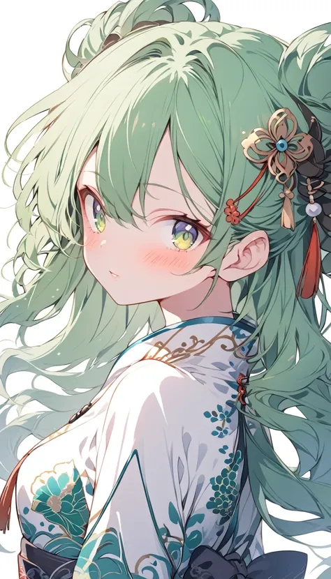 anime lady in chaina dress, 1girl, solo, china dress girl, chinese , looking at viewer, green long wavy hair, green eyes,blush, chinese hair ornament,green hair ,cute