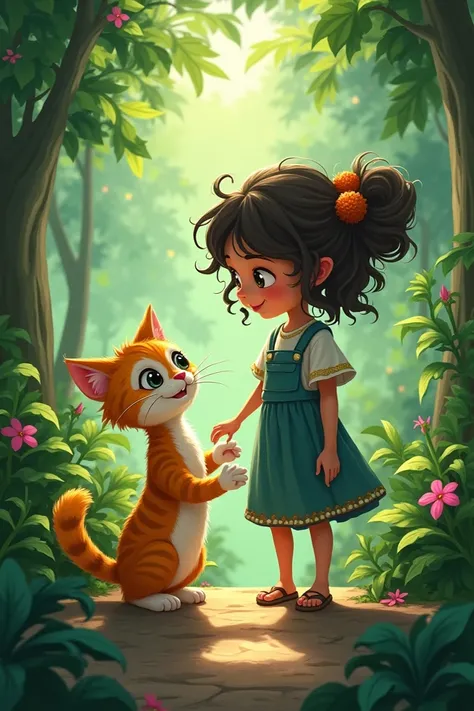 Introduce Mina, a young and imaginative  from the village. Show how she meets the Kety Cat for the first time, perhaps during one of her explorations near the jungle. Describe their growing bond, with the Kety Cat visiting her each evening to share its jun...