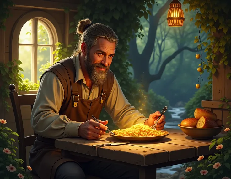 woodsman living in a simple house in a fairy tale eating a gold