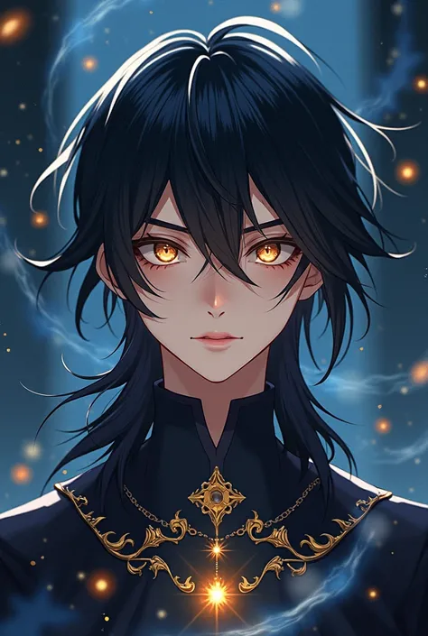  Best quality , The anime boys masterpiece, blpnde, simple dark background, galaxy,  a little long black hair,  golden eyes , looking at the viewer,  upper body , wearing a sorcerers costume 