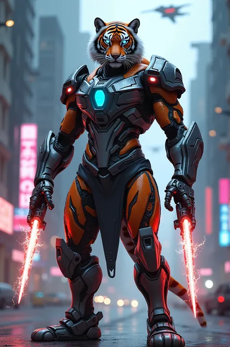 Cybernetic Tiger Fighter: A tiger-human hybrid with mechanical armor, glowing neon eyes, and robotic arms holding twin plasma blades in a futuristic cityscape.