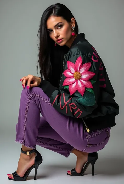 Beautiful Russian woman with straight hair with red earrings  , with Chillón padded bomber jacket with lotus flower that says Vixen and pants purple denim fabric and open heels magenta nails pose of a woman squat