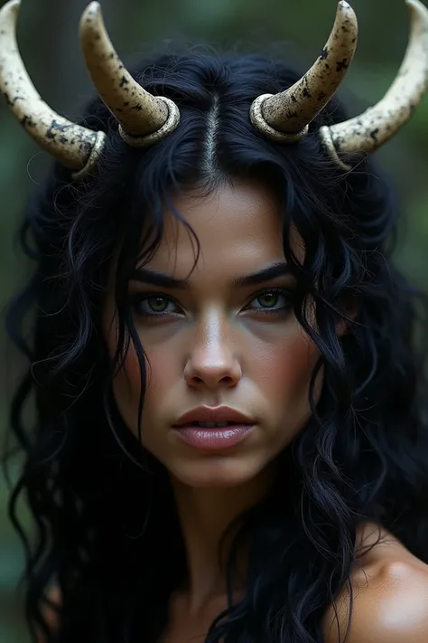  A bone crown in her dark hair .  Underneath her wild and sloppy black curls ,  there was a hard, angled face , pretty and wild .  Her eyes were big and dark like sin above pointy cheekbones.