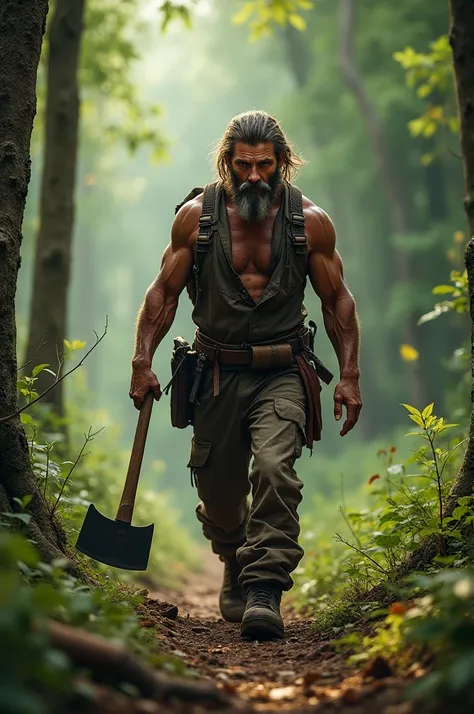 For one woodcutter is walking through the forest to cut wood with a hoe in the woodcutters hand 4k looks realistic.