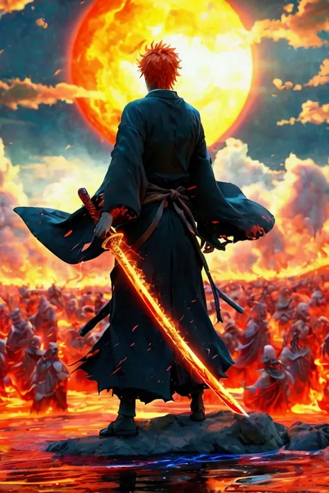 Kubo Taito、bleach 、Ichigo Kurosaki、grim Reaper、Big Sword、 Black Kimono、 orange hair、 I have a red energy wrapped around my body、Red light is flying around 、 The background is hell where many demons live 、Magma is erupting、16k、 super high definition 、 super...