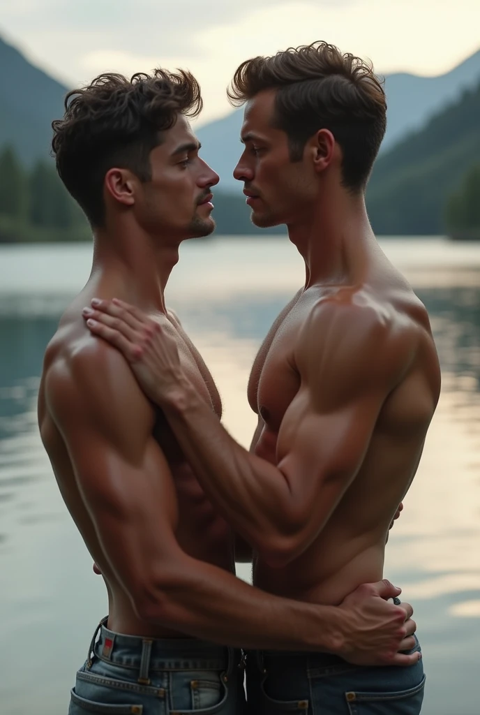 Two men, one young and the other behind the bigger and manly one, gently touching his shoulder in a loving way, the two handsome men, hyperrealistic image in the background of a lake. 