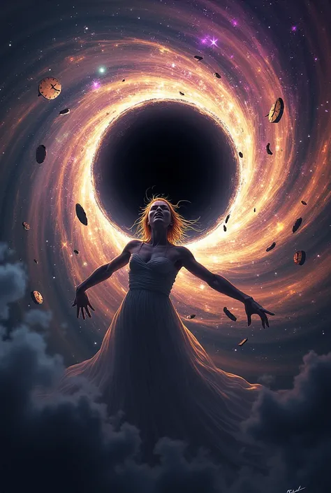 Main Focus:

A human figure stretched dramatically (spaghettified) with parts of the body elongating into the glowing, swirling black hole.
The black hole’s event horizon appears ominous and glowing with vibrant cosmic colors—purples, blacks, blues, and fi...