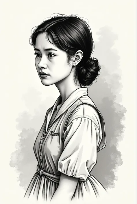 A book illustration of a Filipina servant girl in her 30s 

Make it look illustrated and sketched in a book, no color 