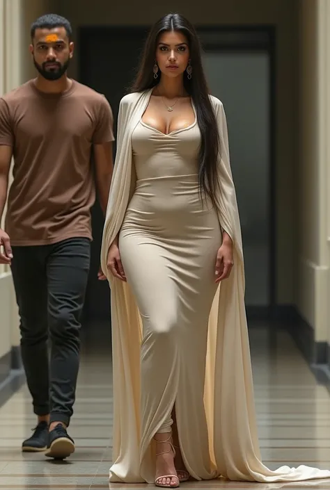 Fair skin long hair young muslim kim Kardashian busty,big ass,slim thick,curvy flaunts curves in extremely skin tight full long dress.head covered and shoulder draped by long sheer scarf.long earrings. High heels.knee down.nearby tall dark indian male who ...