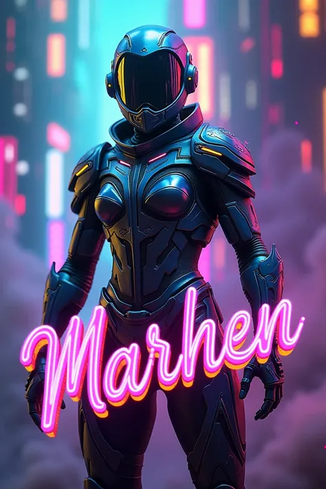 Create an image with a beautiful free fire skin and a multi-colored name written MarHen