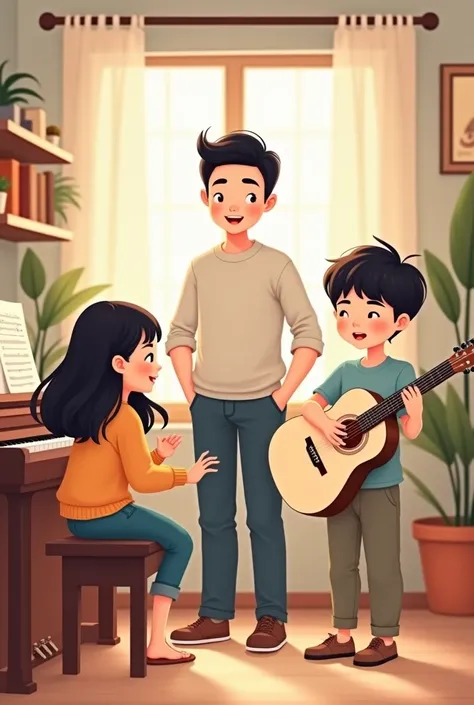 Cartoon-style illustration of two asian ren learning music. A  girl with long hair sits on the left playing the piano, while her  short-haired brother stands on the right, playing an white acoustic guitar. A male music teacher, around 40 years old, stands ...