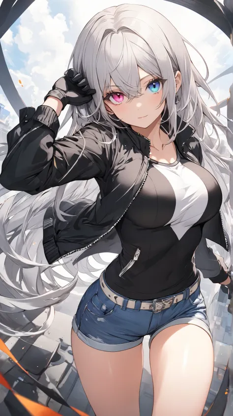 1girl, long silver hair, heterochromia eyes, busty, jacket, gloves, short pants