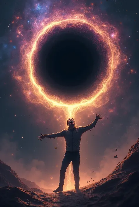 Main Focus:

A human figure stretched dramatically (spaghettified) with parts of the body elongating into the glowing, swirling black hole.
The black hole’s event horizon appears ominous and glowing with vibrant cosmic colors—purples, blacks, blues, and fi...