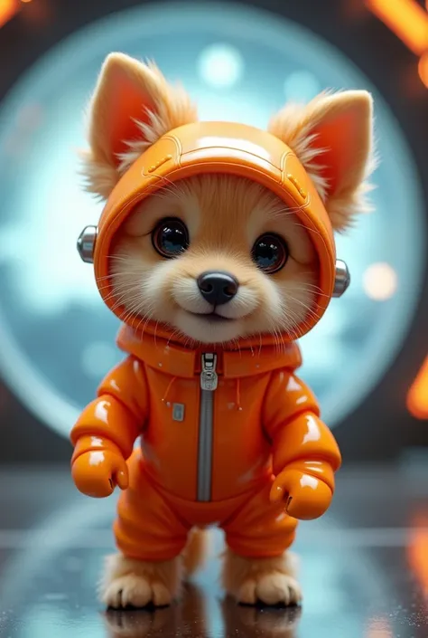  has a cute puppy wearing a shiny futuristic latex orange suit、 ambitious futuristic space 、Training to live in space 、Orange too 、 Sharp Focus 、The faint glow behind me 、 global lighting 、 Sci-fi 