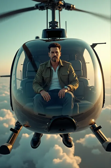 Indian actor Akshay Kumar sit on a flying helicopter 