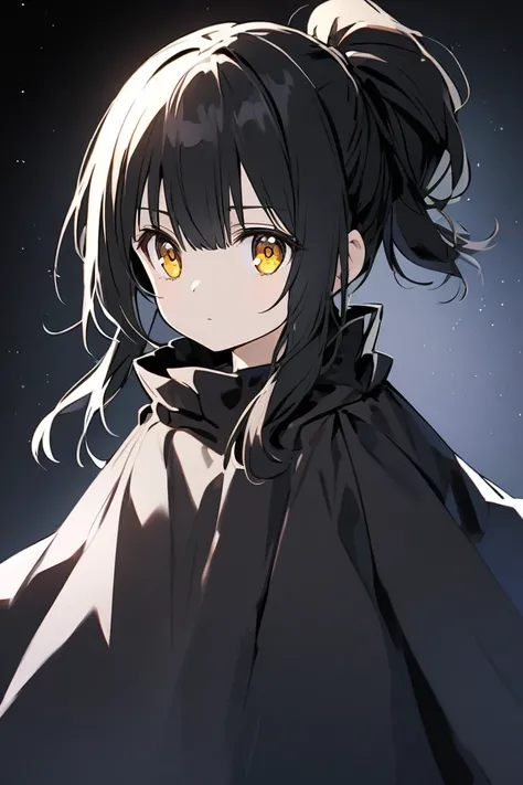 Shoulder-length black hair tied in a ponytail,  golden eyes , age s, wizard dress, simple dark background,  upper body , thesis Clara