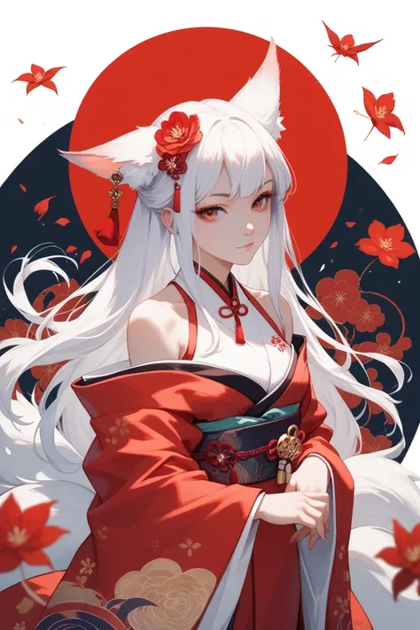 japanese girl, anime girl, kitsune, chinese and japanese sexy kimono outfit, shoulders and bust showing, full body, simple background, white long hair, goddess, red and white color palette, warrior