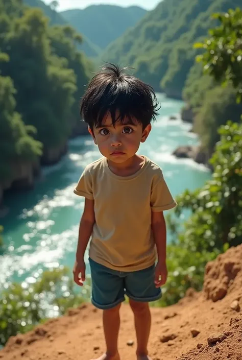 Real photo of a  light-colored boy with black hair on top of a dirt hill behind the tropical river and with a scary face and confused in blue shorts and a beige t-shirt 