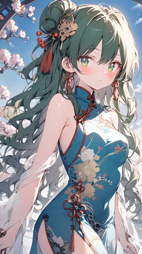 anime lady in chaina dress, 1girl, solo, china dress girl, chinese , looking at viewer, green long wavy hair, green eyes,blush, chinese hair ornament,front view