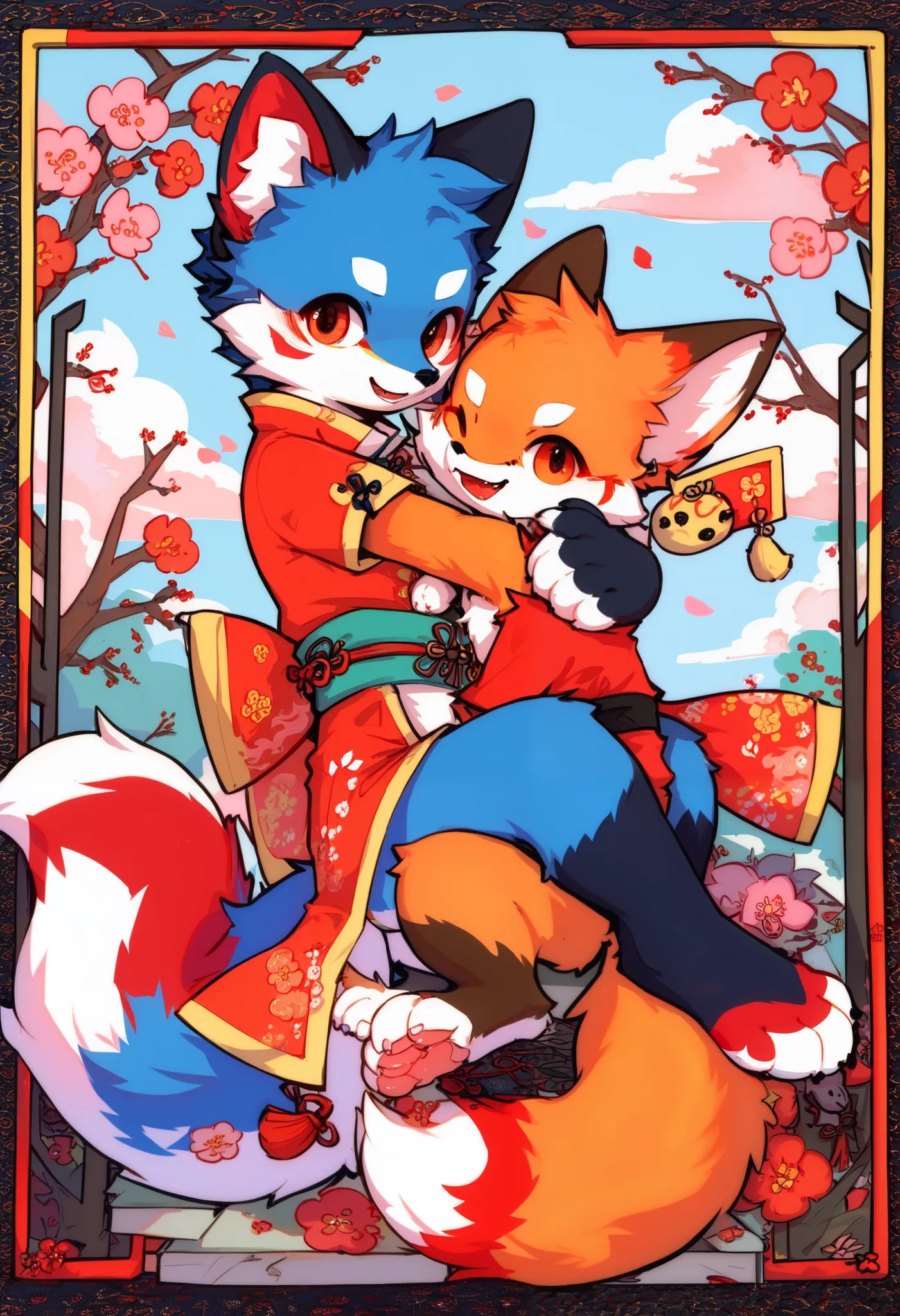 hug，fox boy，furry boy， toddlers，vintage clothing， traditional chinese costumes ， fox woman，furry woman， traditional chinese cost...