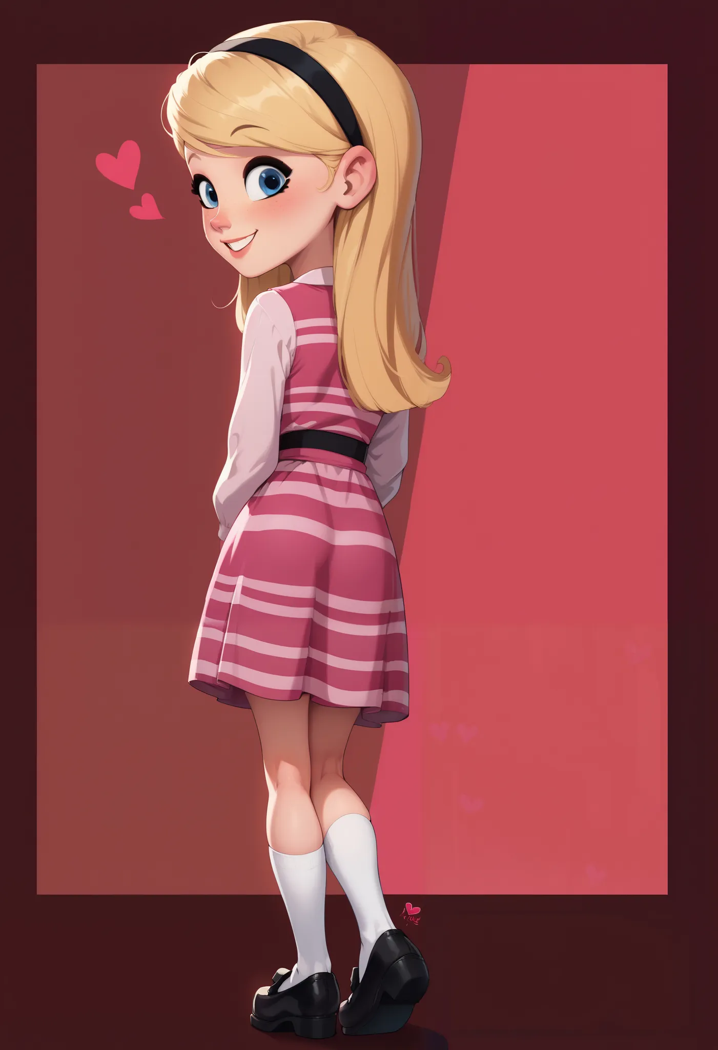 1girl, full body, solo, penny peterson, long hair, blue eyes, freckles, blonde hair, skirt, hairband, black hairband, white socks, dress, pink dress, long sleeves, mary janes, looking back rche, butt, cute butt, butt Shaking, twerking, from behind, backsid...