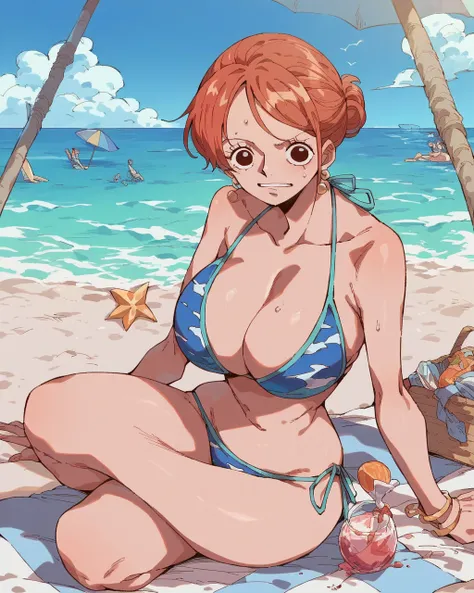  score_9,  score_8_up,  score_7_up,  score_6_up, sauce_Anime, Anime_ style , 2D, We,  one piece We,  beach ,  1 girl, Alone,  Big Breasts ,  bikini,   shorthair , The sunlight is dazzling、 beach パラソル　Middle-aged man　Sneaking up　Harassment