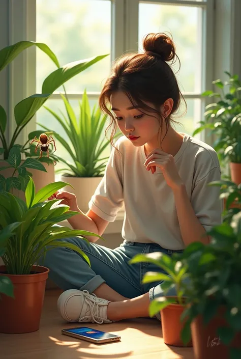 Woman watering plants , Cell phone resting on the floor,  spider.