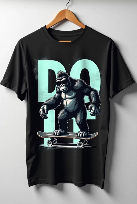 on a white wall background  , a black shirt that the print is an animated gorilla with a skateboard and dark glasses and the phrase DO IT written in capital letters and ghostly type letters 