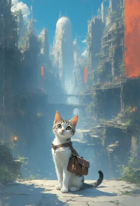 : The Curious Cat
An anthropomorphic cat with sleek fur and bright, inquisitive eyes stands at the edge of a bustling city, looking up at the towering buildings. Its wearing a small satchel, ready for an adventure