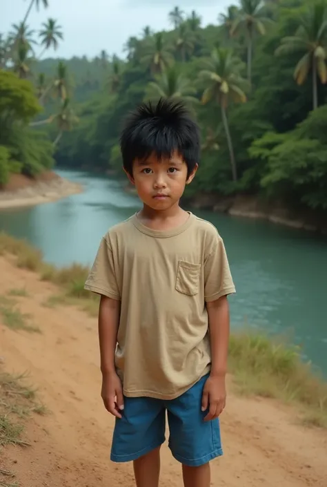 Real photo of a  light-haired Latino boy with black hair on top of a dirt hill behind the tropical river and with a scary face and confused in blue shorts and a beige t-shirt 