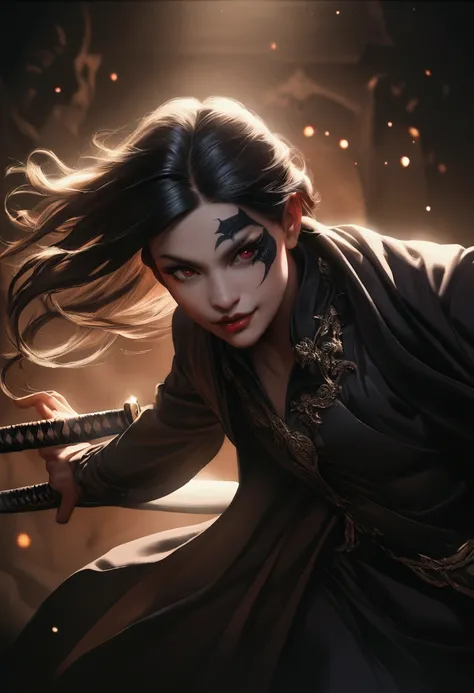 a smiling man with sharp teeth, his right eye bright red and left eye black, black hair, holding a katana,detailed face,extremely detailed eyes and face,longeyelashes,sharp facial features,dramatic lighting,dark fantasy,dark atmosphere,cinematic,chiaroscur...