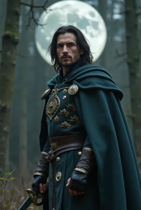 a warrior man,white with black hair long,square jaw line, black eyes,59 tall,standing in a vast forest facing you,with three moons behind him, his clothes are fine made for a king, with sword in hand sparkl of light, gems every where,sparkles of light ever...