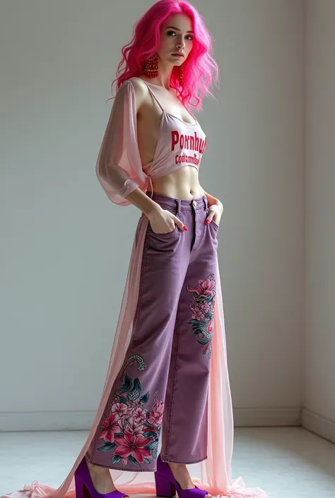 Beautiful Russian woman with waveless pink hair with red earrings  , with wide Chillón nightgown with lotus flower that says Pornhub and dark lilac denim pants printed dragon and open heels magenta nails pose standing supported