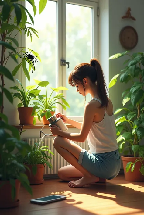 Woman watering plants , Cell phone resting on the floor spider on one side