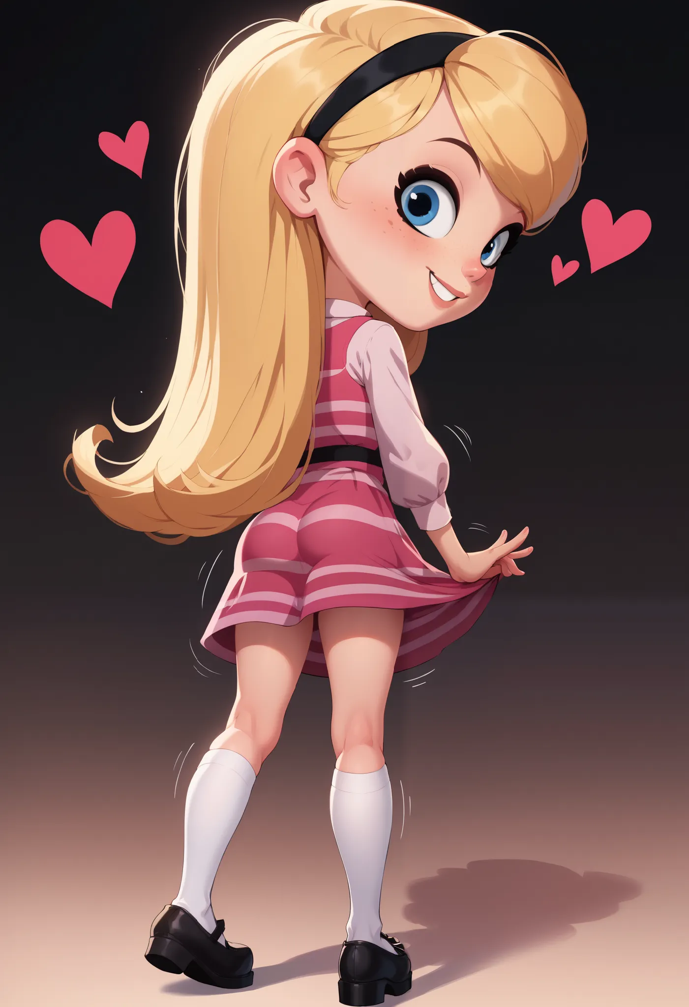 1girl, full body, solo, penny peterson, long hair, blue eyes, freckles, blonde hair, skirt, hairband, black hairband, white sock...