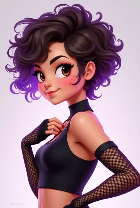 ((art animation 2D)) 20-year-old woman with brown hair curly pixie with tips dyed purple, brown eyes, with good body, wearing a black top and net gloves ,  in profile