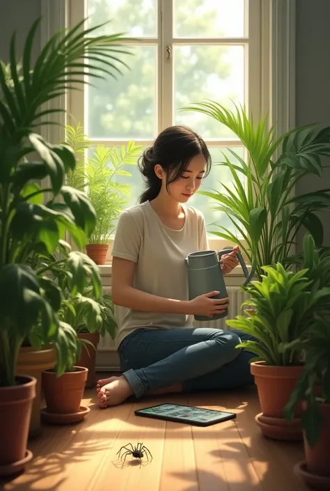 Woman watering plants , Cell phone resting on the floor spider on one side