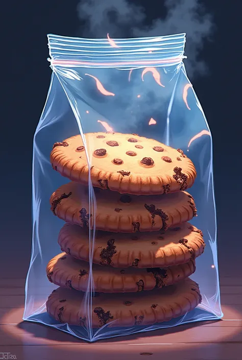 Burnt cookies in cellophane anime bag.
