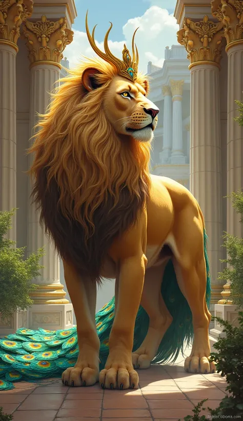 A lion with a magnificent peacock tail that shimmers with vibrant blues and greens. Its golden mane is styled like a royal crown, exuding elegance and power. Background: a grand palace courtyard with golden pillars and lush greenery."
