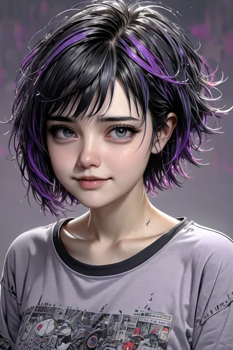 illustration, detailed illustration, ultra detailed, 25 year old girl, short hair, messy hair, hair tendrils, purple highlights, black hair, gray eyes, t-shirt, torn jans, looking down, smirk