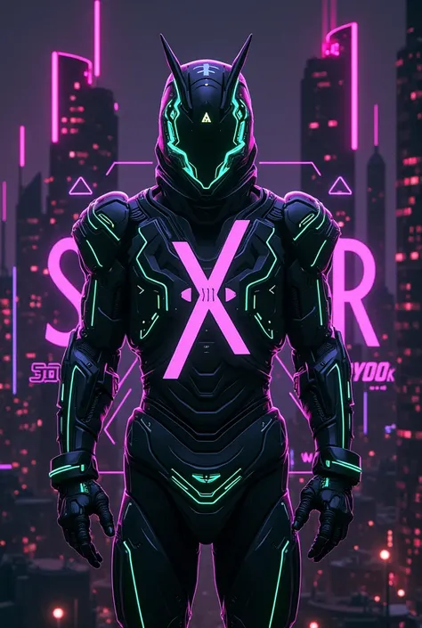  A photorealistic image of a K-pop cyberpunk graphic futuristic SXR design. The design is black and gray with purple tones, featuring intricate curves and futuristic glowing green geometric shapes. The background is a city with neon-lit high-rise buildings...