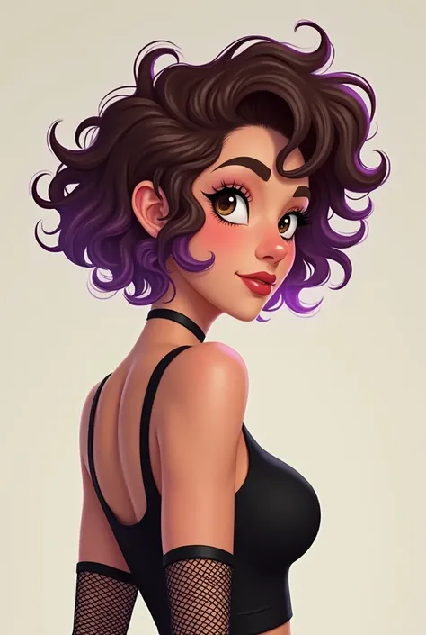 ((art animation 2D)) 20-year-old woman with brown hair curly pixie with tips dyed purple, brown eyes, with good body, wearing a black top and net gloves , With the face in profile 