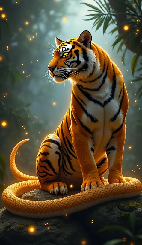 Tiger + Cobra

"A sleek tiger with cobra-like hood markings across its body, glowing golden eyes, and a serpentine tail. Its stripes shimmer like polished gold. Background: a jungle throne surrounded by glowing fireflies."
