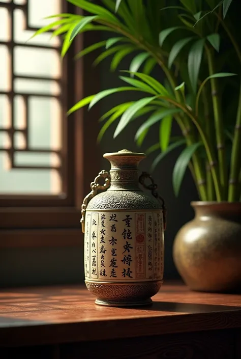 Ancient Chinese medicine bottle placed indoors with bamboo plant