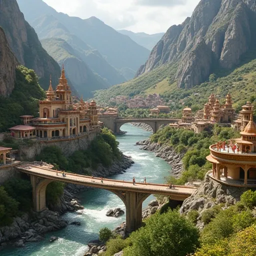 Create a futuristic medieval town ,  in the valley of a river crossing ,  surrounded by vegetation and rocky mountains, Altamente detallado,  with parks , houses,  that has medieval Inca architecture 