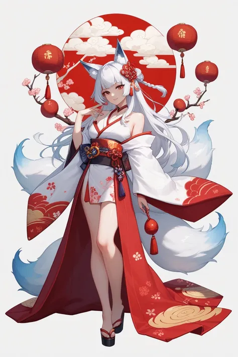 japanese girl, anime girl, kitsune, chinese and japanese sexy kimono outfit, shoulders and boobs showing, full body, simple background, white long hair, goddess, red and white color palette, vtuber 