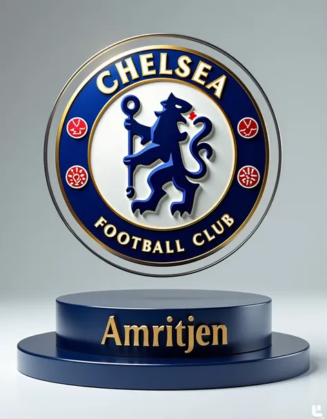 Render a 3D logo of the Chelsea CF football club in a bright, signature color palette, incorporating transparent black metallic glass elements. The design should be highly detailed, elegant, and modern, capturing the essence of a prestigious club. Below th...