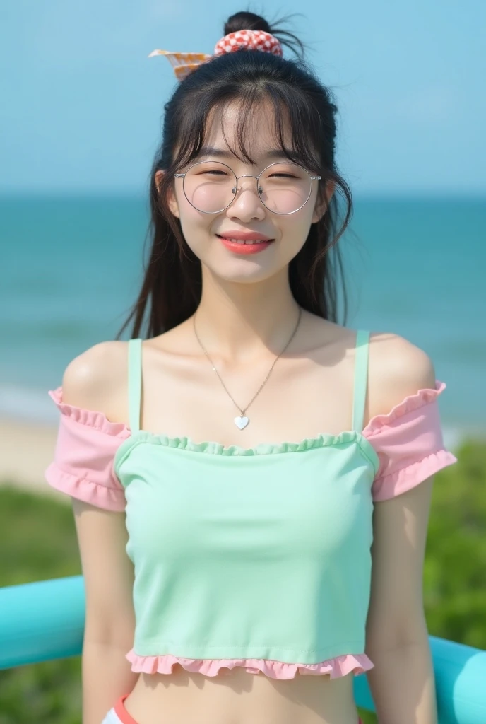 Photographed with: Casual outdoor Portrait, Front Angle, Eye-level Shot
A young Asian woman enjoying a sunny day by the ocean, standing confidently with a soft smile and closed eyes. She wears a pastel-colored croptop, featuring a light mint green shade wi...